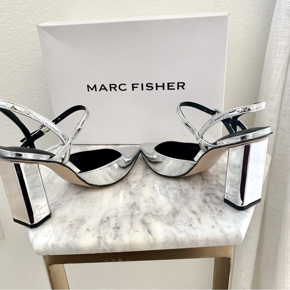 Marc Fisher Doster Slingback Block Heels Pumps in Metallic Silver 6 - Picture 7 of 11